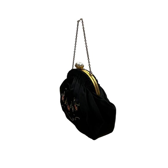 Hervé Paris Black Velvet Floral Embroidered Evening Bag With Pearl Clasp Size S - Picture 2 of 9